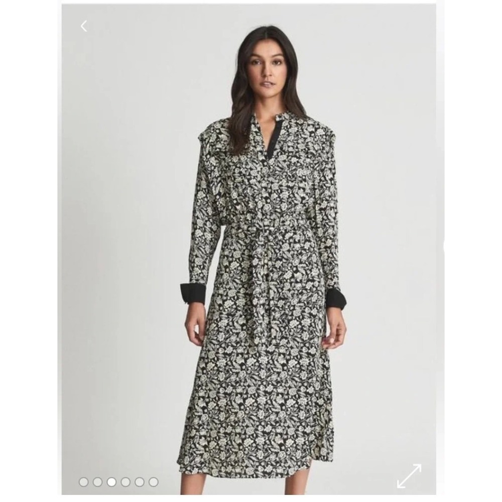 Reiss Womens Viscose Dress 8 Black Floral Micah Button Front Midi Elegant Classy